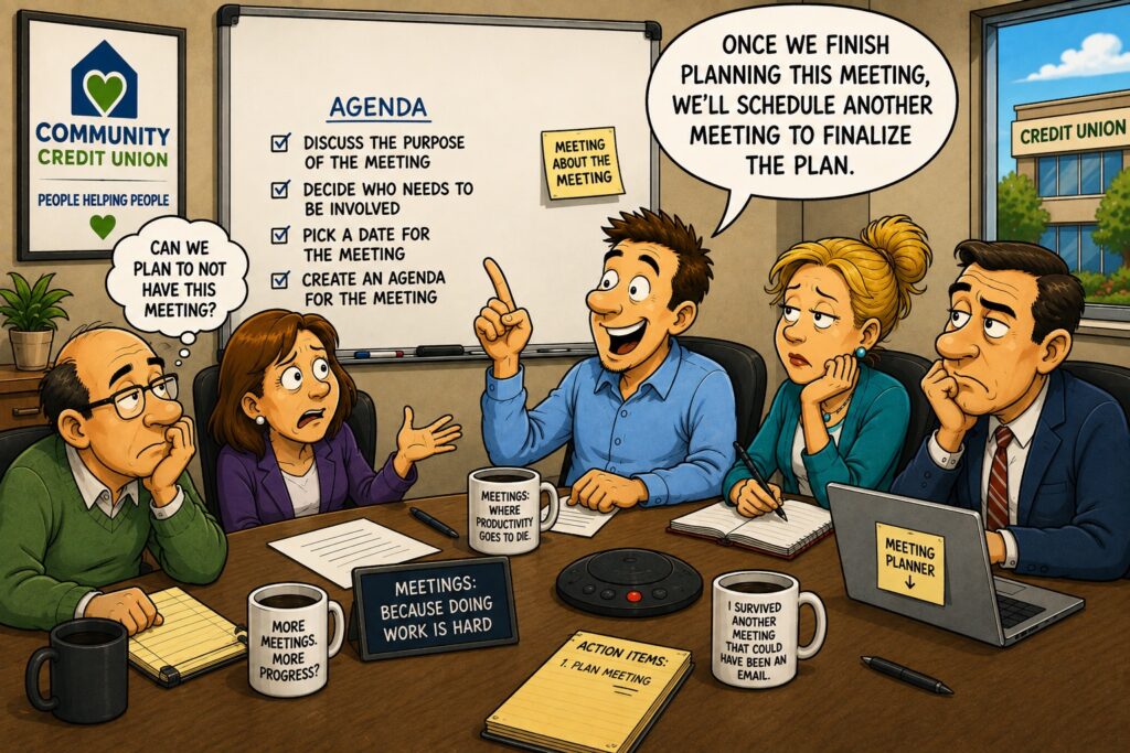 A humorous cartoon set inside a Community Credit Union conference room shows five employees gathered around a table for a meeting about planning another meeting. The enthusiastic employee in the center announces, “Once we finish planning this meeting, we’ll schedule another meeting to finalize the plan.” His coworkers look noticeably less enthusiastic—bored, exhausted, skeptical, or frustrated. One employee thinks, “Can we plan to not have this meeting?” A whiteboard behind the group displays an agenda that includes discussing the purpose of the meeting, deciding who needs to participate, picking a date, and creating an agenda. A sticky note adds the appropriately redundant message “Meeting About the Meeting.” The conference table is filled with additional office-humor details, including mugs and signs reading “Meetings: Where Productivity Goes to Die,” “More Meetings. More Progress?” and “I Survived Another Meeting That Could Have Been an Email.” An action-item notebook lists “Plan Meeting,” while a laptop has a “Meeting Planner” note attached. The cartoon pokes fun at excessive corporate meetings, bureaucracy, meeting fatigue, and the tendency to schedule meetings simply to plan more meetings, all within a lighthearted credit union workplace setting.