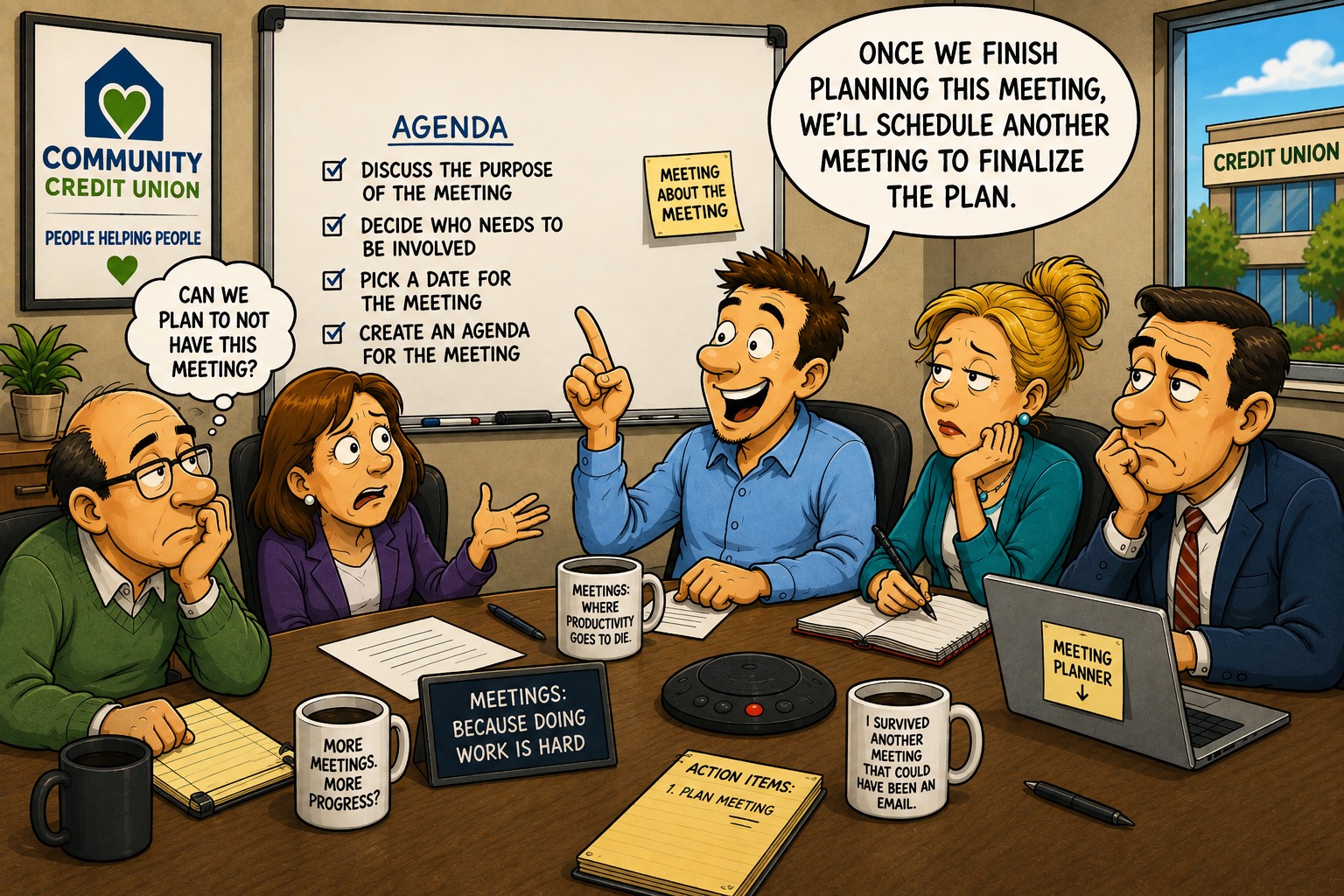 A humorous cartoon set inside a Community Credit Union conference room shows five employees gathered around a table for a meeting about planning another meeting. The enthusiastic employee in the center announces, “Once we finish planning this meeting, we’ll schedule another meeting to finalize the plan.” His coworkers look noticeably less enthusiastic—bored, exhausted, skeptical, or frustrated. One employee thinks, “Can we plan to not have this meeting?” A whiteboard behind the group displays an agenda that includes discussing the purpose of the meeting, deciding who needs to participate, picking a date, and creating an agenda. A sticky note adds the appropriately redundant message “Meeting About the Meeting.” The conference table is filled with additional office-humor details, including mugs and signs reading “Meetings: Where Productivity Goes to Die,” “More Meetings. More Progress?” and “I Survived Another Meeting That Could Have Been an Email.” An action-item notebook lists “Plan Meeting,” while a laptop has a “Meeting Planner” note attached. The cartoon pokes fun at excessive corporate meetings, bureaucracy, meeting fatigue, and the tendency to schedule meetings simply to plan more meetings, all within a lighthearted credit union workplace setting.