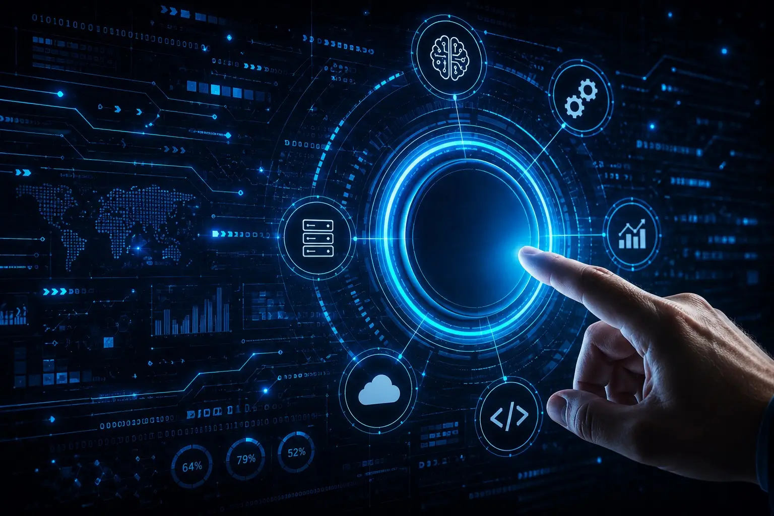 A sleek, futuristic digital interface illustrates the concept of artificial intelligence and enterprise technology. At the center of the image is a large glowing circular holographic control surrounded by concentric rings and connected technology icons representing AI, cloud computing, software development, data storage, automation, and analytics. A human hand reaches toward the center of the interface, suggesting interaction with an advanced AI-powered system. The background is filled with layered electronic elements including glowing circuit traces, binary code, world map graphics, data streams, dashboards, charts, status indicators, and network connections, creating a sophisticated cyber-technology environment. The deep blue color palette with bright cyan highlights gives the scene a high-tech, secure, and modern feel. The image conveys themes of artificial intelligence, digital transformation, automation, cloud infrastructure, enterprise software, cybersecurity, and next-generation technology without any visible text or branding, making it suitable for a wide range of AI and digital innovation topics.