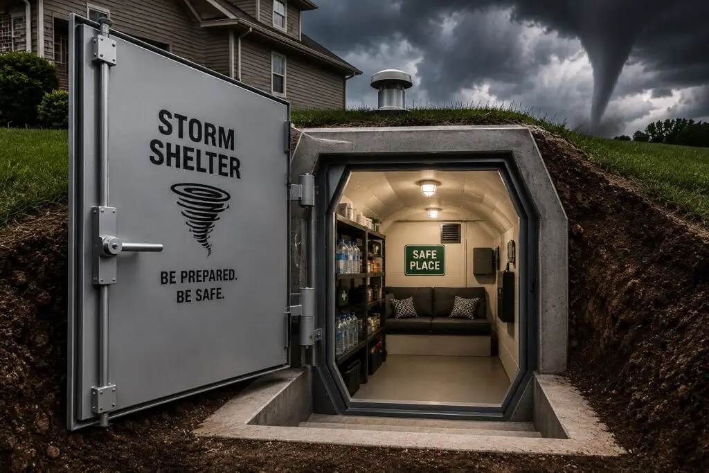 A realistic, high-detail image of a modern underground storm shelter located beside a suburban home under dark, threatening storm clouds. In the distance, a large tornado funnels toward the horizon, emphasizing the need for emergency preparedness. The heavy-duty steel storm shelter door is swung open, displaying bold lettering that reads "Storm Shelter" above a tornado icon, along with the message "Be Prepared. Be Safe." A concrete stairwell leads into the shelter, revealing a clean, well-organized interior illuminated with bright overhead lighting. Inside the shelter are shelves stocked with bottled water, emergency food, first-aid supplies, and other disaster preparedness essentials. A comfortable bench lines the back wall beneath a "Safe Place" sign, while ventilation equipment and electrical components reinforce the shelter's secure, self-contained design. The contrast between the dangerous weather outside and the warm, protected interior highlights the importance of storm preparedness, resilience, and personal safety during severe weather events.