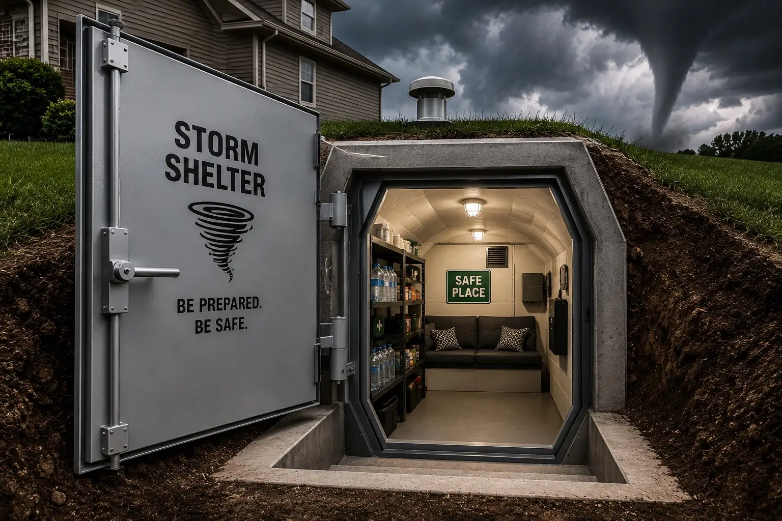 A realistic, high-detail image of a modern underground storm shelter located beside a suburban home under dark, threatening storm clouds. In the distance, a large tornado funnels toward the horizon, emphasizing the need for emergency preparedness. The heavy-duty steel storm shelter door is swung open, displaying bold lettering that reads "Storm Shelter" above a tornado icon, along with the message "Be Prepared. Be Safe." A concrete stairwell leads into the shelter, revealing a clean, well-organized interior illuminated with bright overhead lighting. Inside the shelter are shelves stocked with bottled water, emergency food, first-aid supplies, and other disaster preparedness essentials. A comfortable bench lines the back wall beneath a "Safe Place" sign, while ventilation equipment and electrical components reinforce the shelter's secure, self-contained design. The contrast between the dangerous weather outside and the warm, protected interior highlights the importance of storm preparedness, resilience, and personal safety during severe weather events.