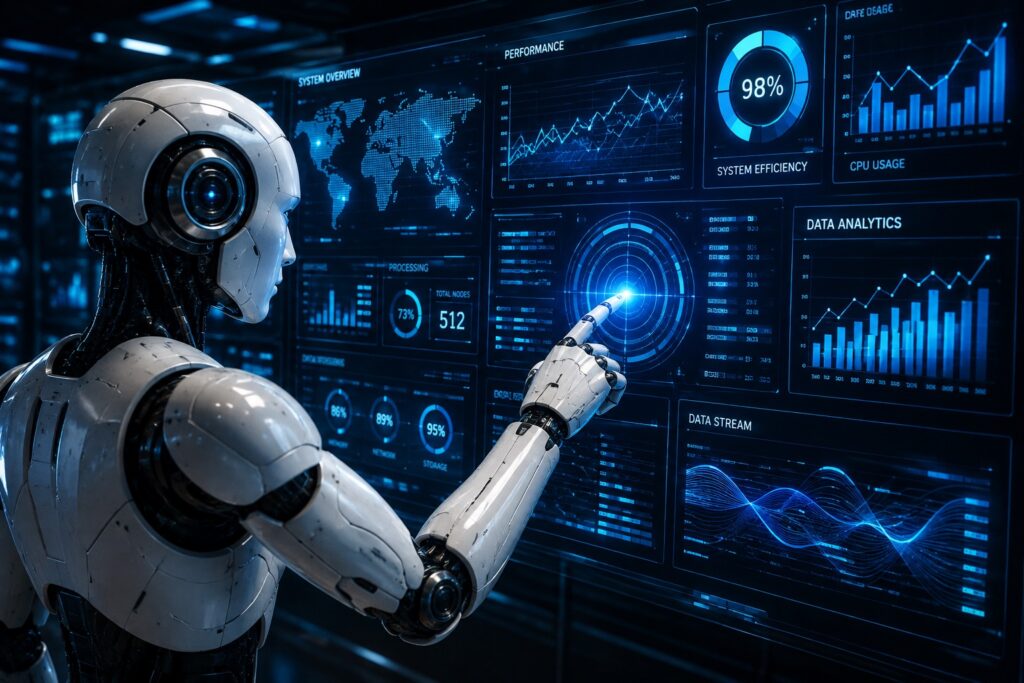 A futuristic humanoid AI robot stands inside a high-tech operations center, interacting with a massive wall of glowing digital dashboards. The sleek white-and-silver robot extends one finger toward the center of a holographic touchscreen, activating a bright blue circular interface surrounded by concentric rings and animated data visualizations. The expansive display is filled with advanced analytics, including real-time performance charts, a global network map, system health gauges, CPU usage graphs, data analytics panels, storage metrics, and streaming waveform visualizations. Thin neon-blue circuit lines and illuminated interface elements create the appearance of a sophisticated artificial intelligence command center. The background features a dark, technology-rich environment with subtle reflections and glowing electronic components, emphasizing a modern, enterprise-grade AI ecosystem. The blue color palette and crisp digital graphics convey themes of artificial intelligence, automation, machine learning, data analysis, cybersecurity, cloud computing, and digital transformation. The image presents AI as actively monitoring and analyzing complex systems in real time, making it ideal for topics related to enterprise AI, intelligent automation, predictive analytics, operational intelligence, and next-generation technology.