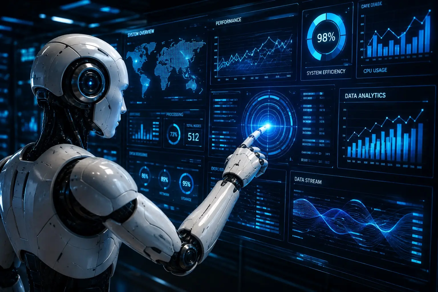 A futuristic humanoid AI robot stands inside a high-tech operations center, interacting with a massive wall of glowing digital dashboards. The sleek white-and-silver robot extends one finger toward the center of a holographic touchscreen, activating a bright blue circular interface surrounded by concentric rings and animated data visualizations. The expansive display is filled with advanced analytics, including real-time performance charts, a global network map, system health gauges, CPU usage graphs, data analytics panels, storage metrics, and streaming waveform visualizations. Thin neon-blue circuit lines and illuminated interface elements create the appearance of a sophisticated artificial intelligence command center. The background features a dark, technology-rich environment with subtle reflections and glowing electronic components, emphasizing a modern, enterprise-grade AI ecosystem. The blue color palette and crisp digital graphics convey themes of artificial intelligence, automation, machine learning, data analysis, cybersecurity, cloud computing, and digital transformation. The image presents AI as actively monitoring and analyzing complex systems in real time, making it ideal for topics related to enterprise AI, intelligent automation, predictive analytics, operational intelligence, and next-generation technology.