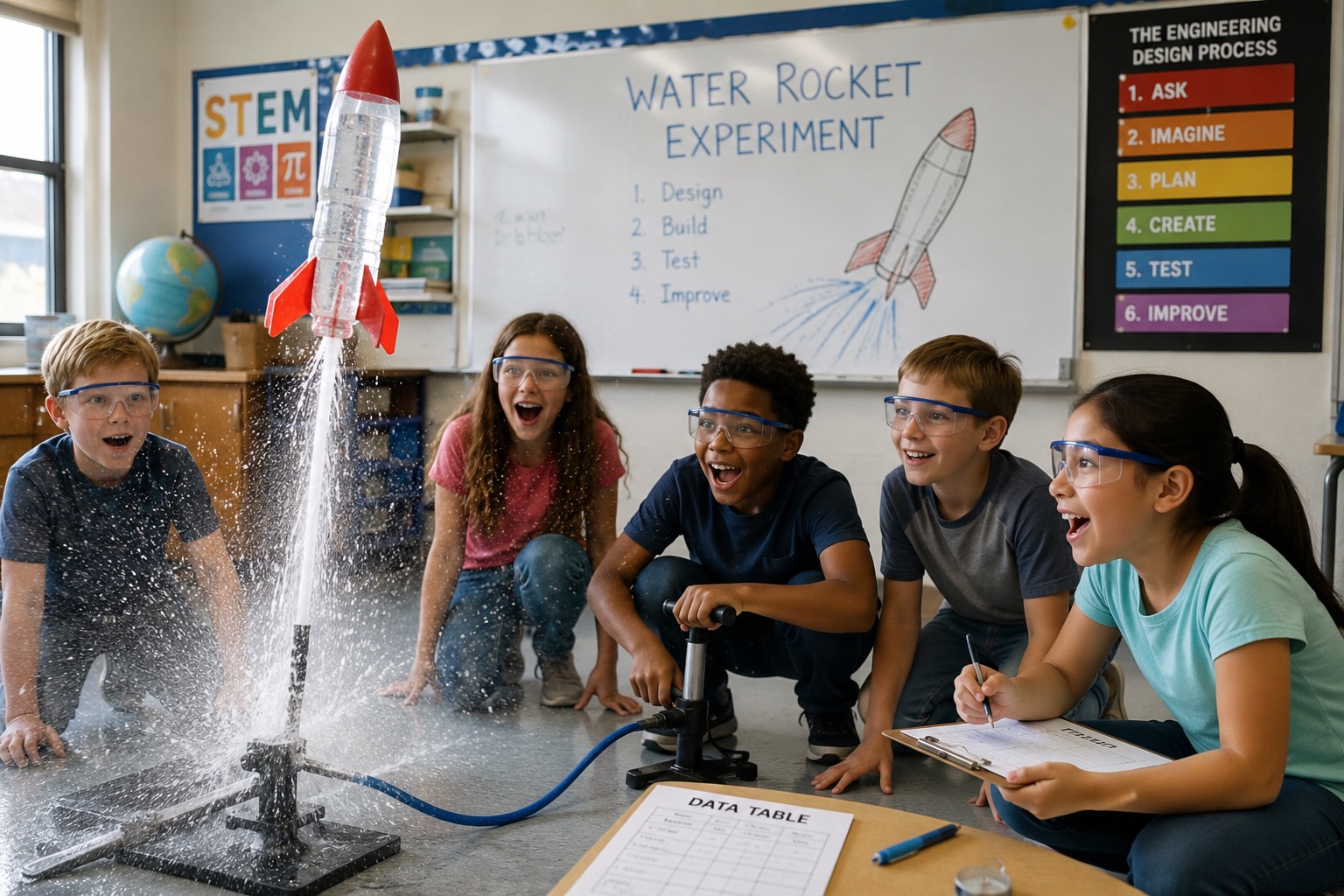A lively classroom scene shows a group of elementary-age students conducting a hands-on water rocket experiment. Wearing protective safety goggles, the students gather excitedly around a homemade bottle rocket as it launches from a small platform, spraying water into the air. One student operates the pump connected to the rocket while others observe the launch, record results on a clipboard, and react enthusiastically to the experiment. A data table and other science materials are visible nearby, emphasizing the educational nature of the activity. In the background, a classroom whiteboard displays “Water Rocket Experiment” along with the steps Design, Build, Test, and Improve. A colorful poster outlines the Engineering Design Process, reinforcing the STEM learning theme. The image conveys hands-on science education, teamwork, experimentation, engineering, problem-solving, and the excitement of learning through STEM activities.