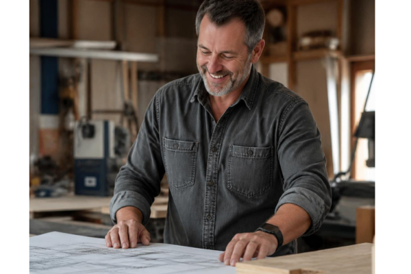 Local business owner reviewing plans on site. Authentic candid moment.