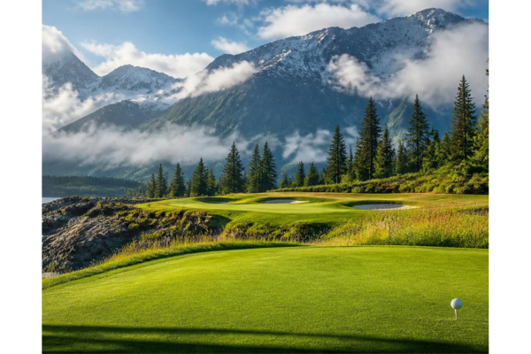 Lush green golf scene with dynamic composition and Alaskan nature in the background.