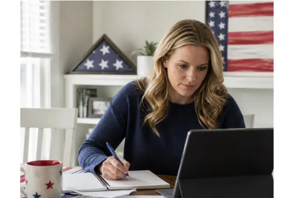 Military spouse budgeting scene, calm, realistic home setting