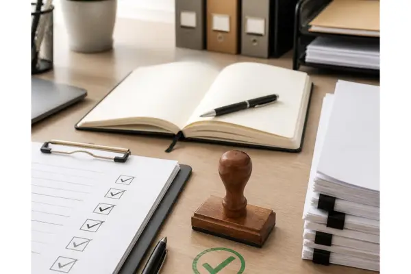 Organized paperwork, prominent approved rubber stamp, checklist showing completed items, open notebook with a pen resting on it, neatly arranged documents on a clean desk.