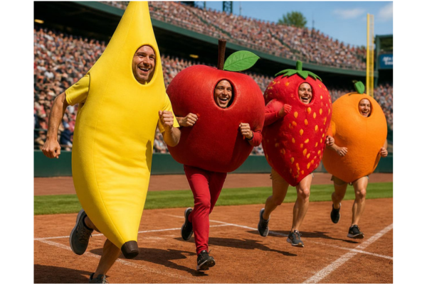 People running in giant fruit costumes on a baseball diamond