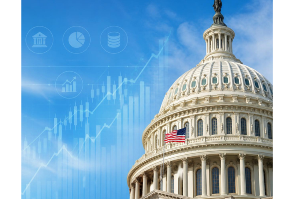 The U.S. Capitol building dome framed against a bright blue sky, with a subtle financial chart overlay integrated cleanly into the scene. Photorealistic.