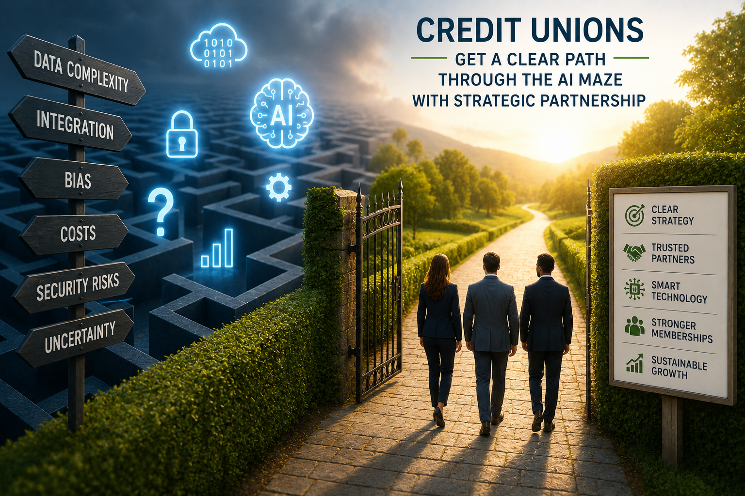 A conceptual image illustrates credit unions navigating the challenges of artificial intelligence. On the left, a dark and complicated maze represents the obstacles organizations may encounter when adopting AI, with signs identifying issues such as data complexity, integration, bias, costs, security risks, and uncertainty. Glowing digital symbols—including an AI brain, cloud data, security lock, analytics chart, and question marks—reinforce the technology theme and the complexity surrounding AI implementation. At the center, an open gate leads away from the dark maze toward a bright, clear pathway. Three business professionals walk along the path toward the sunlight, symbolizing credit union leaders moving from uncertainty toward a more defined AI strategy. A sign along the path highlights clear strategy, trusted partners, smart technology, stronger memberships, and sustainable growth. The image conveys themes of AI strategy, digital transformation, technology partnerships, risk management, responsible AI adoption, and helping credit unions find a clearer path through an increasingly complex technology landscape.