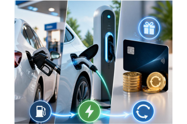 gasoline car fill-up at a pump, EV charging at a sleek charging station, and earning money back on a credit card