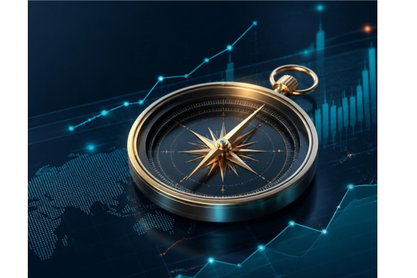 3D editorial graphic featuring a refined metallic compass prominently overlaid on a digital data grid, with subtle financial charts, rising trend lines, connected data points.