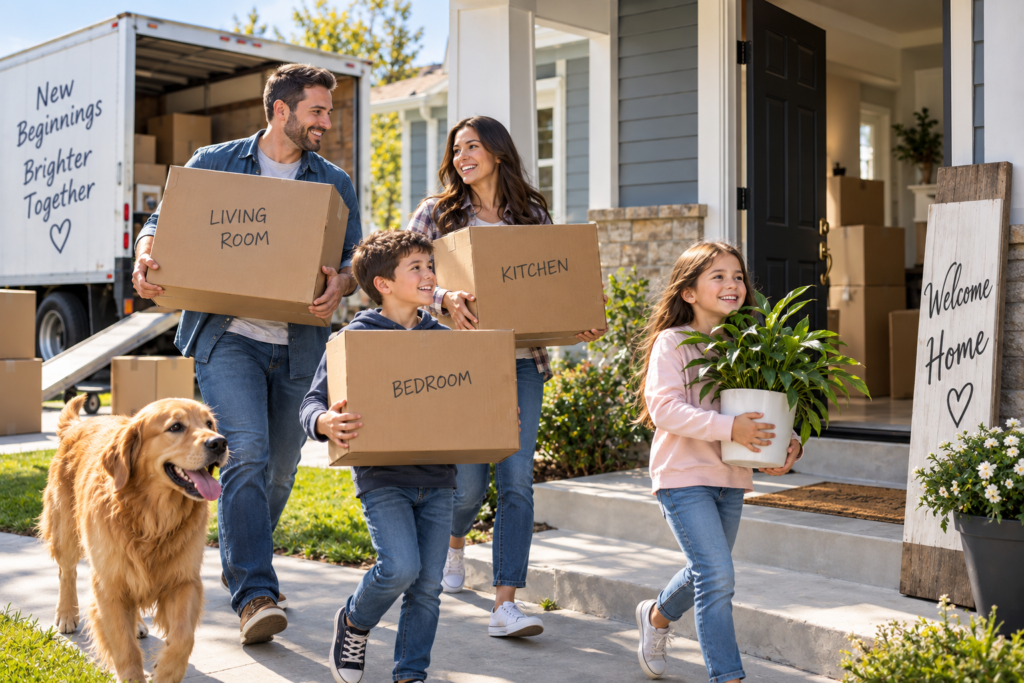 A realistic image of a family moving into their new home, carrying labeled boxes and household items toward the front door while their golden retriever follows alongside. A moving truck filled with boxes is parked in the driveway, while a “Welcome Home” sign and bright landscaping reinforce themes of homeownership, new beginnings, family, mortgages, financial milestones, and achieving the dream of owning a home.
