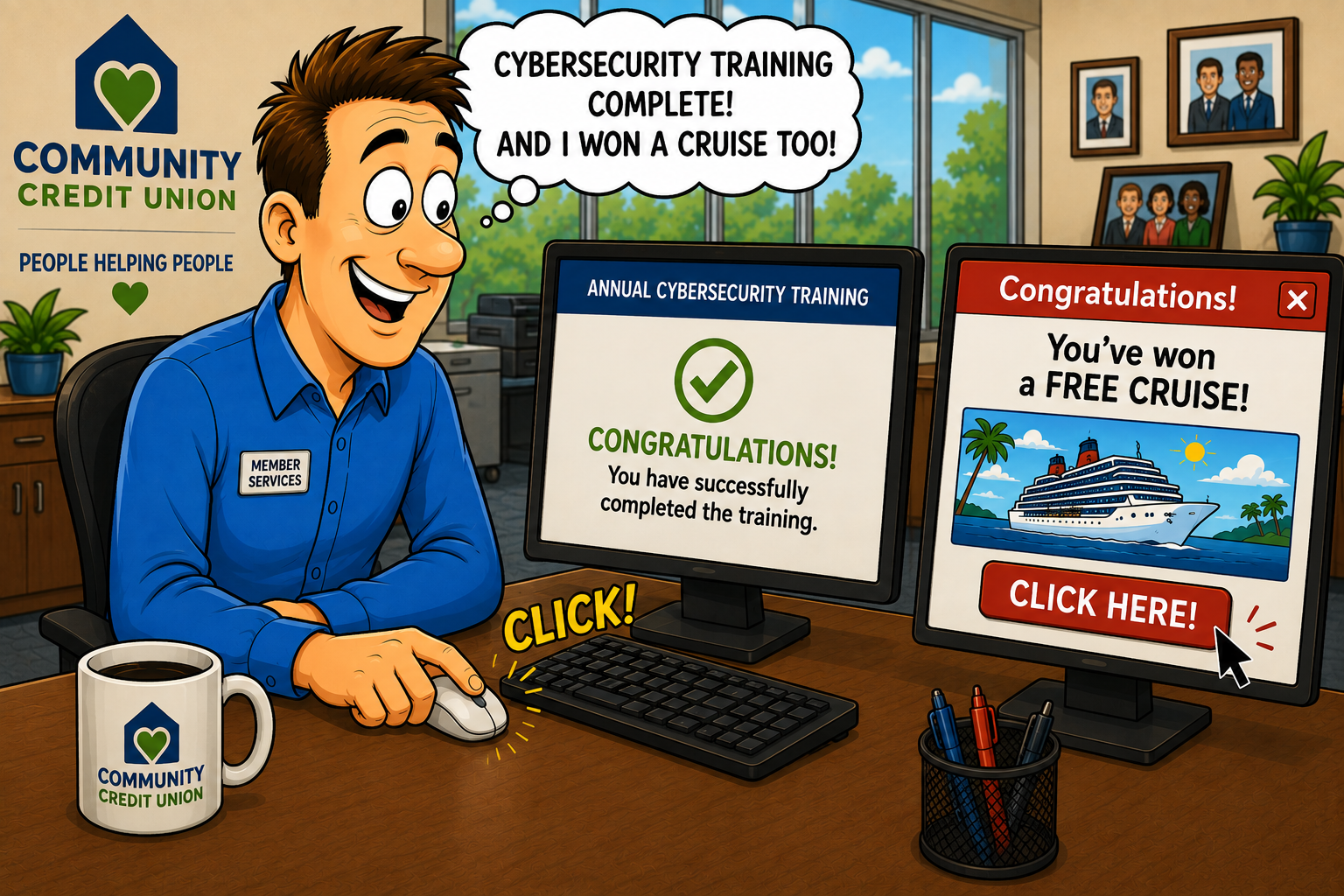 A humorous cartoon showing a credit union employee completing annual cybersecurity training while immediately falling for an obvious phishing scam. His first monitor congratulates him for successfully completing the training, while the second displays a suspicious pop-up claiming “You’ve won a FREE CRUISE!” with a large “CLICK HERE!” button. The excited employee clicks the offer while thinking, “Cybersecurity training complete! And I won a cruise too!” The irony highlights the importance of phishing awareness, employee cybersecurity education, suspicious links, social engineering, and thinking before you click.