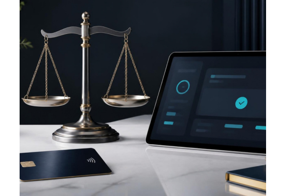 A balanced metallic scale of justice resting beside a sleek contactless credit card and a contemporary tablet displaying an abstract transaction.