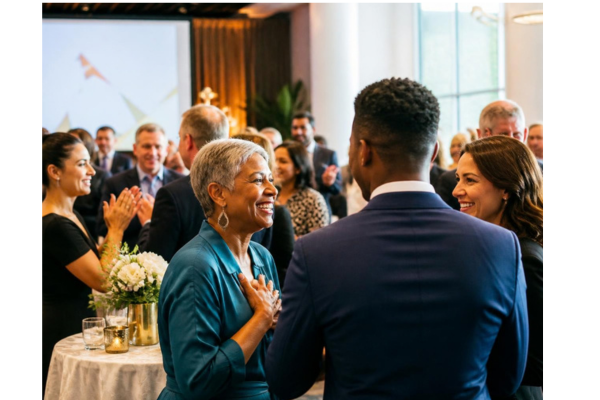 A candid photo of a diverse group of adults gathered at a polished gala or community celebration in a bright, modern event space. People actively applauding and networking.