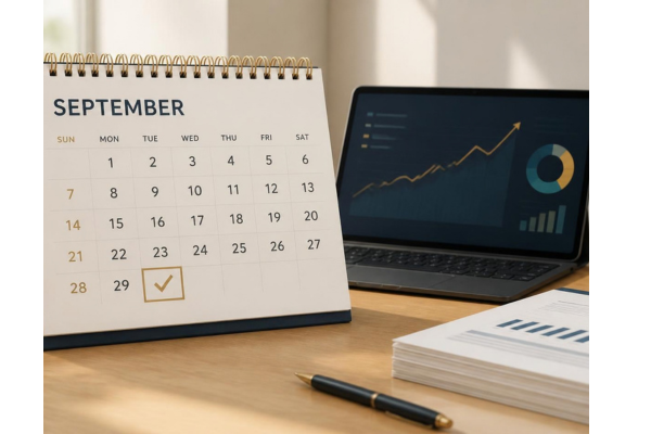 A clean, minimalist desk setup with a paper calendar turned to September, communicating order, readiness, planning, and getting ahead of a deadline.