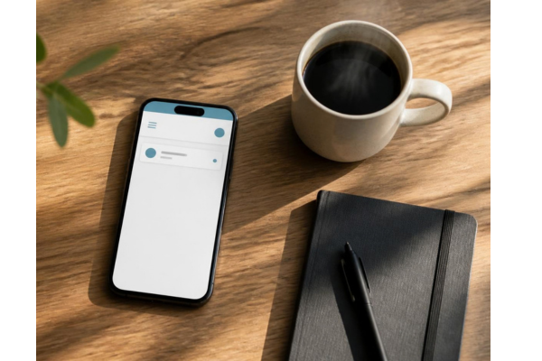 A clean, minimalist photo of a smartphone on a warm wooden desk beside a ceramic cup of coffee. The phone screen shows a single calm, clean notification.
