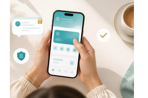 A clean overhead editorial composition showing a smiling person using a modern smartphone with a smooth mobile banking app interface visible on-screen.