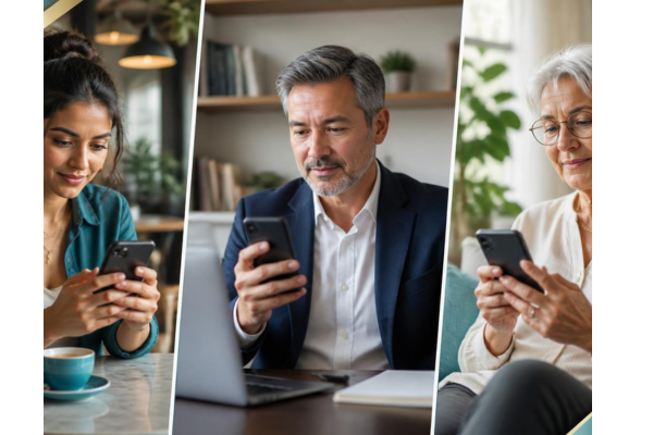 A clean three panel grid layout. featuring three diverse individuals from different age groups, each intently focused on their smartphone.