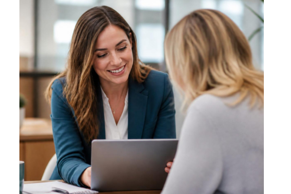 A close up of a friendly credit union loan officer smiling warmly while looking at a laptop, seated across a desk from a member.