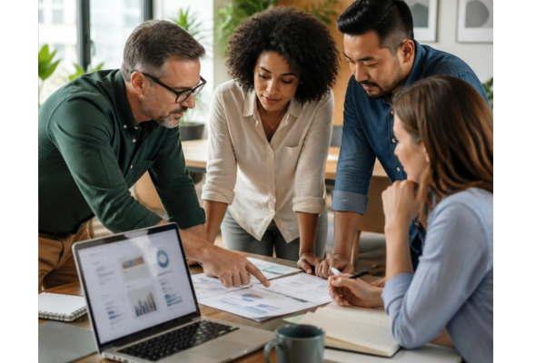 A close up photo of a small team of diverse professionals collaborating closely around a table, reviewing documents and a laptop together.