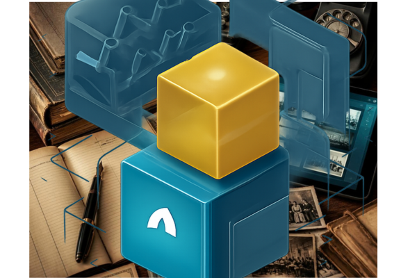 A conceptual image for a cooperative financial ecosystem and modern financial collaboration. Abstract geometric blocks, translucent architectural layers, and softly glowing modules.