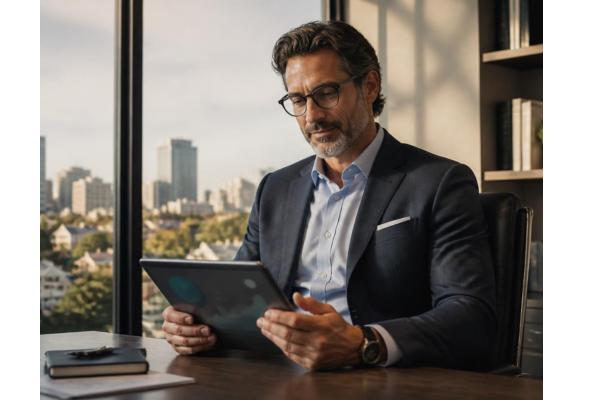 A confident credit union executive or business leader in a refined modern office, thoughtfully reviewing a sleek digital tablet