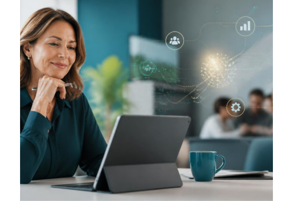 A confident, relaxed marketing strategist reviewing a streamlined campaign plan on a sleek laptop or tablet.