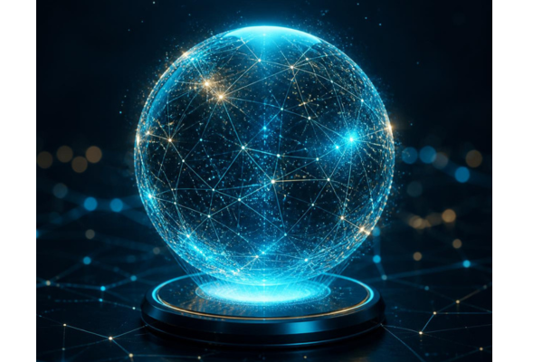 A crystal ball made entirely from glowing digital data nodes, interconnected points, and fine network lines.