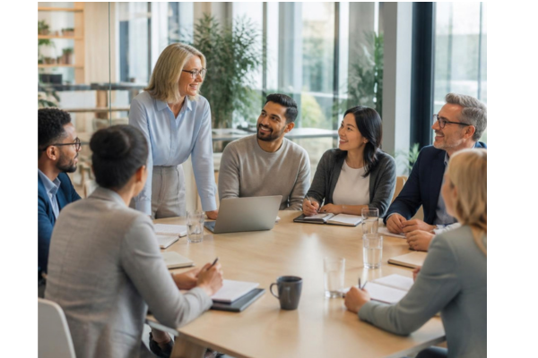 A diverse group of modern professionals collaborating around a light filled table in an open contemporary office.