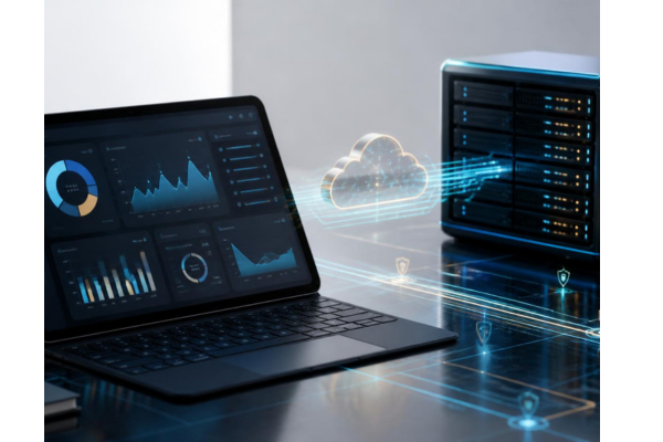 A fintech graphic showing a slim laptop displaying an abstract banking dashboard, seamlessly connected to a refined server and data flow visualization.