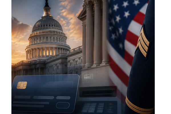 A high-quality photorealistic editorial image featuring the U.S. Capitol dome and classical pillars blended with subtle financial and military motifs.
