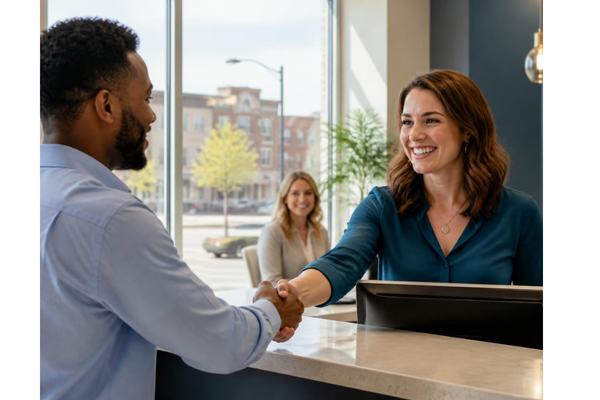 A high-quality photorealistic editorial photo of a welcoming credit union staff member warmly greeting a customer or member at a modern service counter.