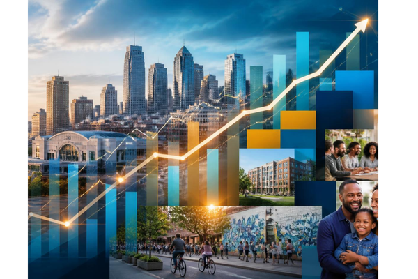 A high-quality polished editorial image blending Kansas City community imagery with modern financial graphics.