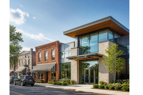 A high-quality professional architectural photograph of a rural American small-town main street on a sunny day.