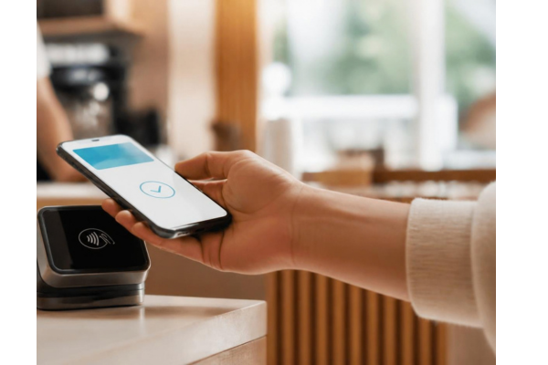 A lifestyle photograph of a person casually tapping a modern smartphone at a sleek contactless checkout terminal on a coffee shop counter.