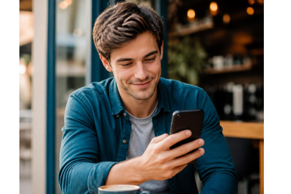 A lifestyle photograph of a young adult in their mid-20s looking at a smartphone outside or in a cozy coffee shop.