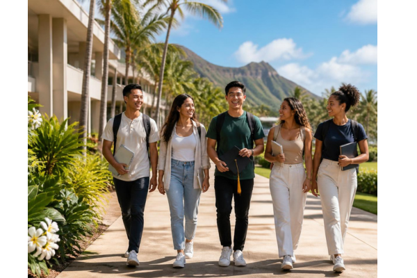 A lifestyle shot of a diverse group of young college students walking together on a sunlit college campus path in Hawaii.