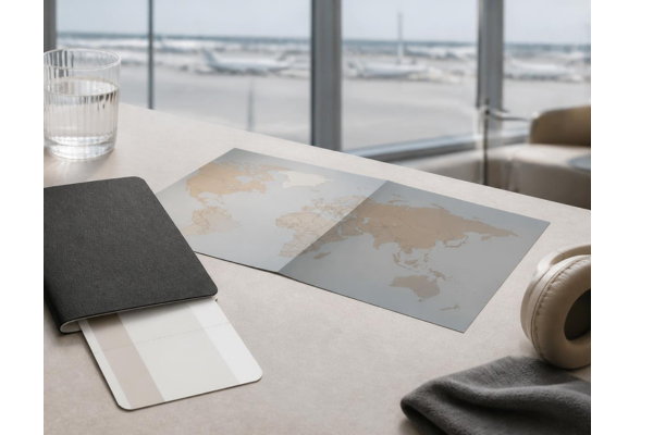 A minimalist travel image combining an overhead flat lay of a generic closed passport, an abstract boarding pass with no readable text, an elegant U.S. or world map, airport setting