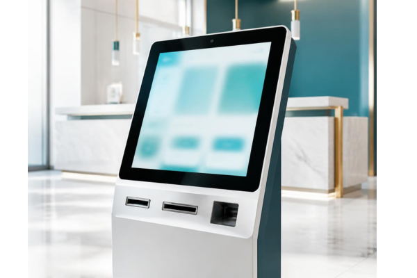 A modern interactive touchscreen kiosk in a bright, clean financial-services environment.