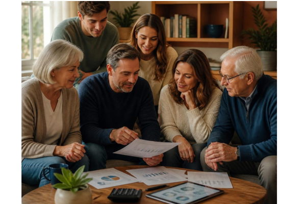 A multi generational family gathered together in a comfortable, welcoming living room, thoughtfully looking over financial documents as a group.