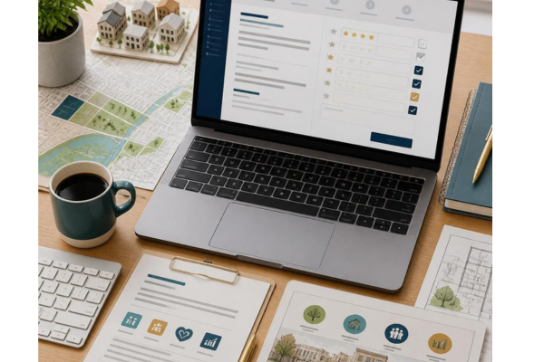 A modern slim keyboard, a ceramic cup of coffee, and a sleek laptop viewed from above or at a slight angle.