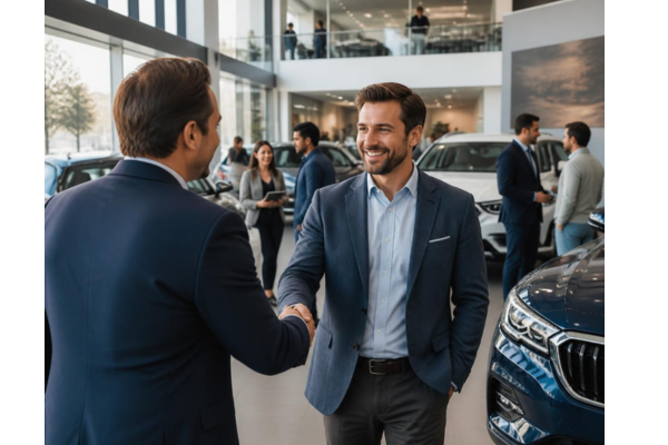 A photograph capturing a busy, modern auto dealership floor and a confident customer shaking hands with a dealer.