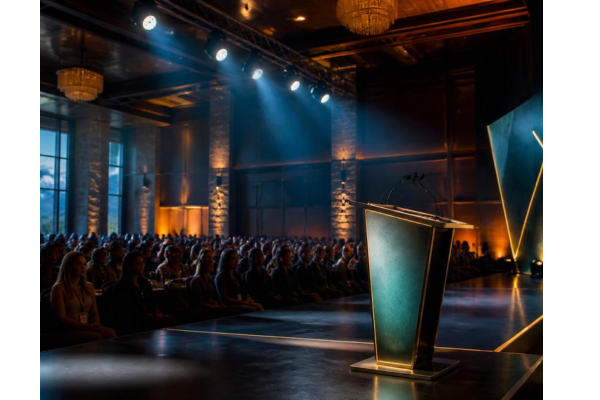 A professional event scene at a grand resort conference venue inspired by the Gaylord Rockies with a sleek modern podium on a polished stage, viewed from behind the lectern