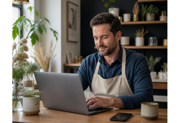 A relaxed small business owner working on a laptop in a local coffee shop with a smartphone placed nearby on the table.