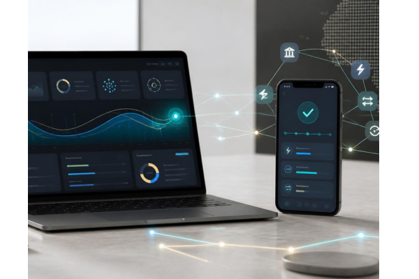 A sleek fintech workspace setup on a clean light stone or matte desk. Feature a modern slim laptop and a contemporary mobile phone displaying polished, abstract financial dashboards.
