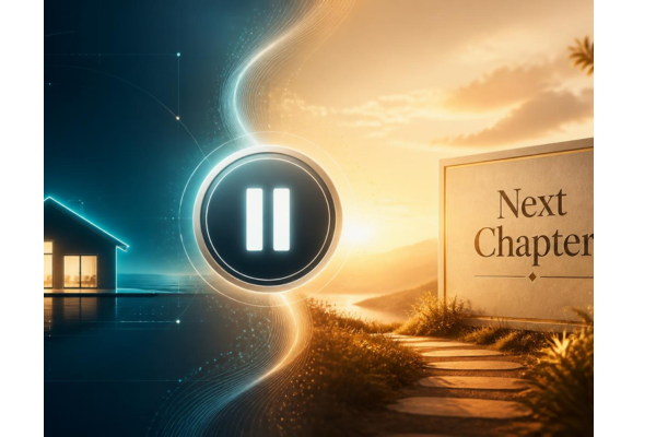 A split composition graphic about pausing before the next phase of life. On one side a glowing vacation home and a Next Chapter sign on the right.