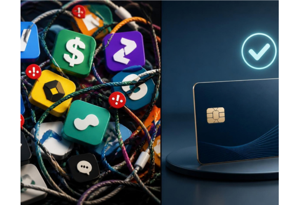 A split screen fintech graphic. On the left, show a chaotic cluster of recognizable mobile payment app icons and on the right a debit card with a checkmark above it.